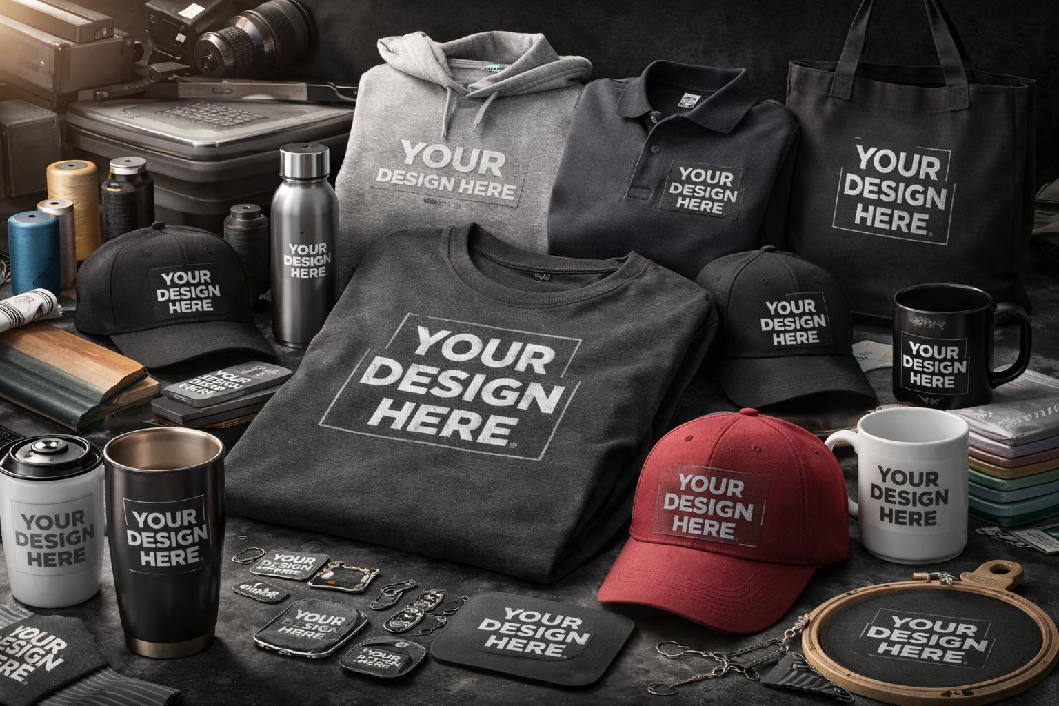 Custom branded merchandise including t-shirts, hats, mugs, water bottles, tote bags, keychains, and patches with a placeholder text 'YOUR DESIGN HERE' displayed across various items.