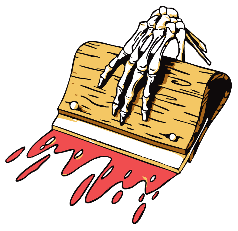 Drawing of a hand with dreadlocks pressing a wooden stamp with red ink, leaving a red mark or blood splatter.
