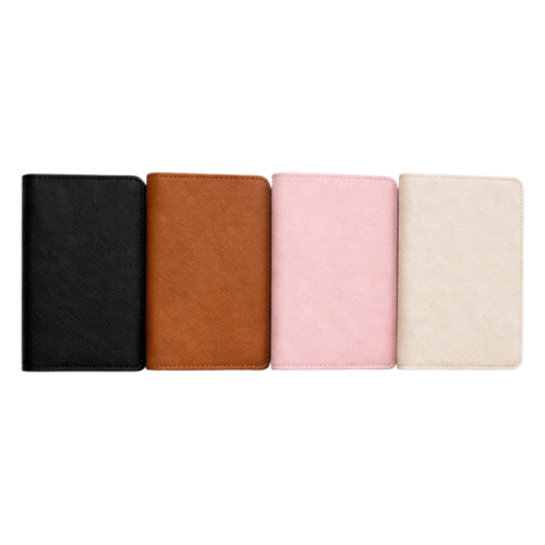 Four closed wallets in black, brown, pink, and beige, arranged side by side.