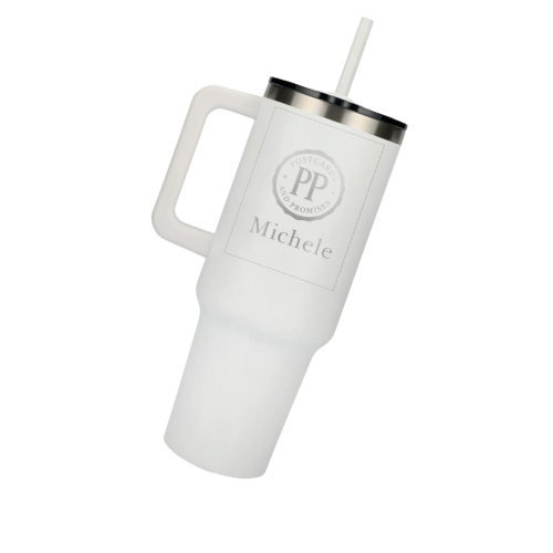 A white travel mug with a black lid and straw, custom-printed with a logo and customized name
