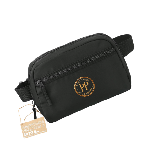 Black shoulder bag with a front zipper pocket and a logo that says 'Postcard Passport and Promises