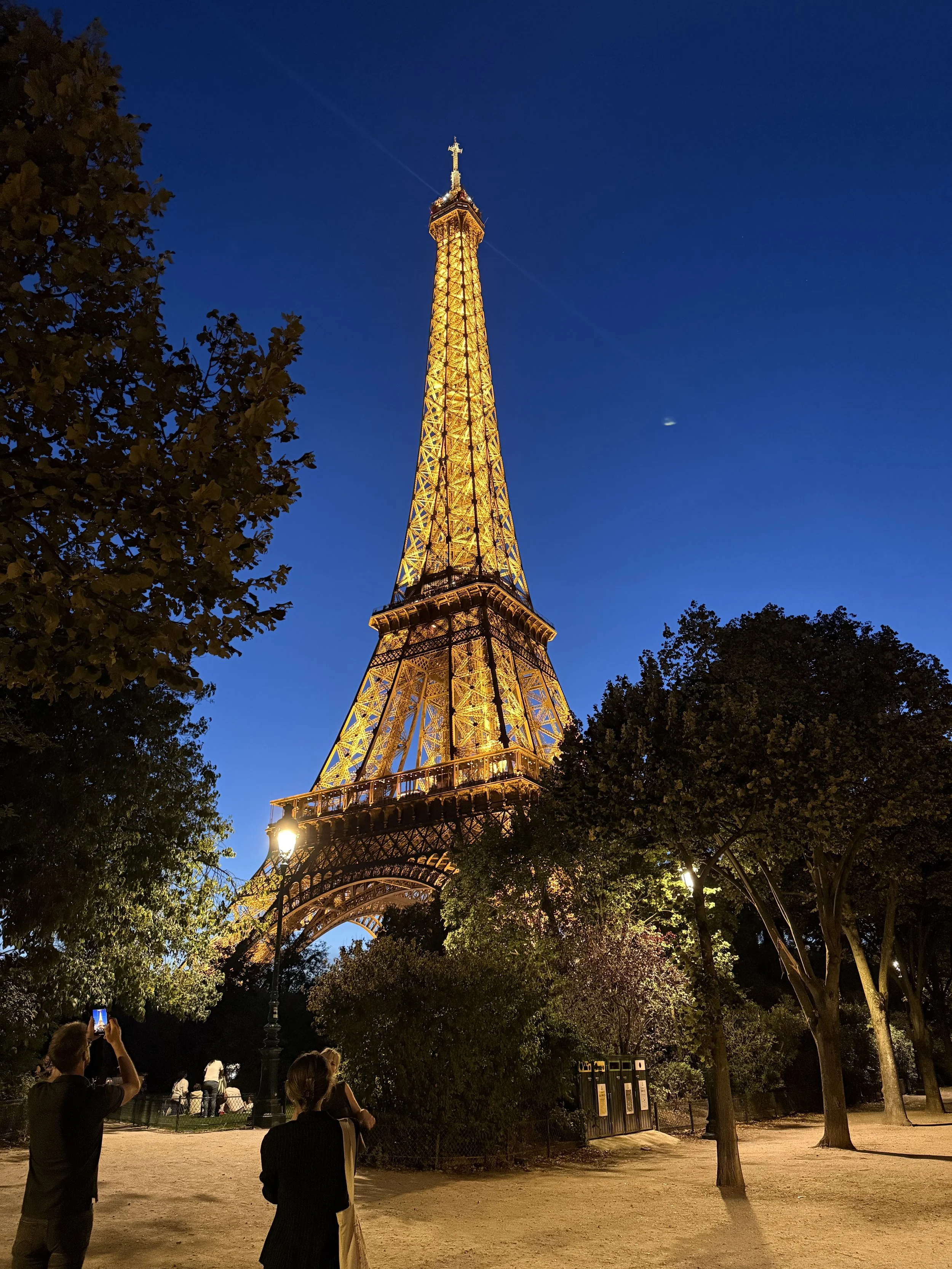 The Eiffel Tower illuminated in Paris at night, with trees in the foreground and people taking photos.