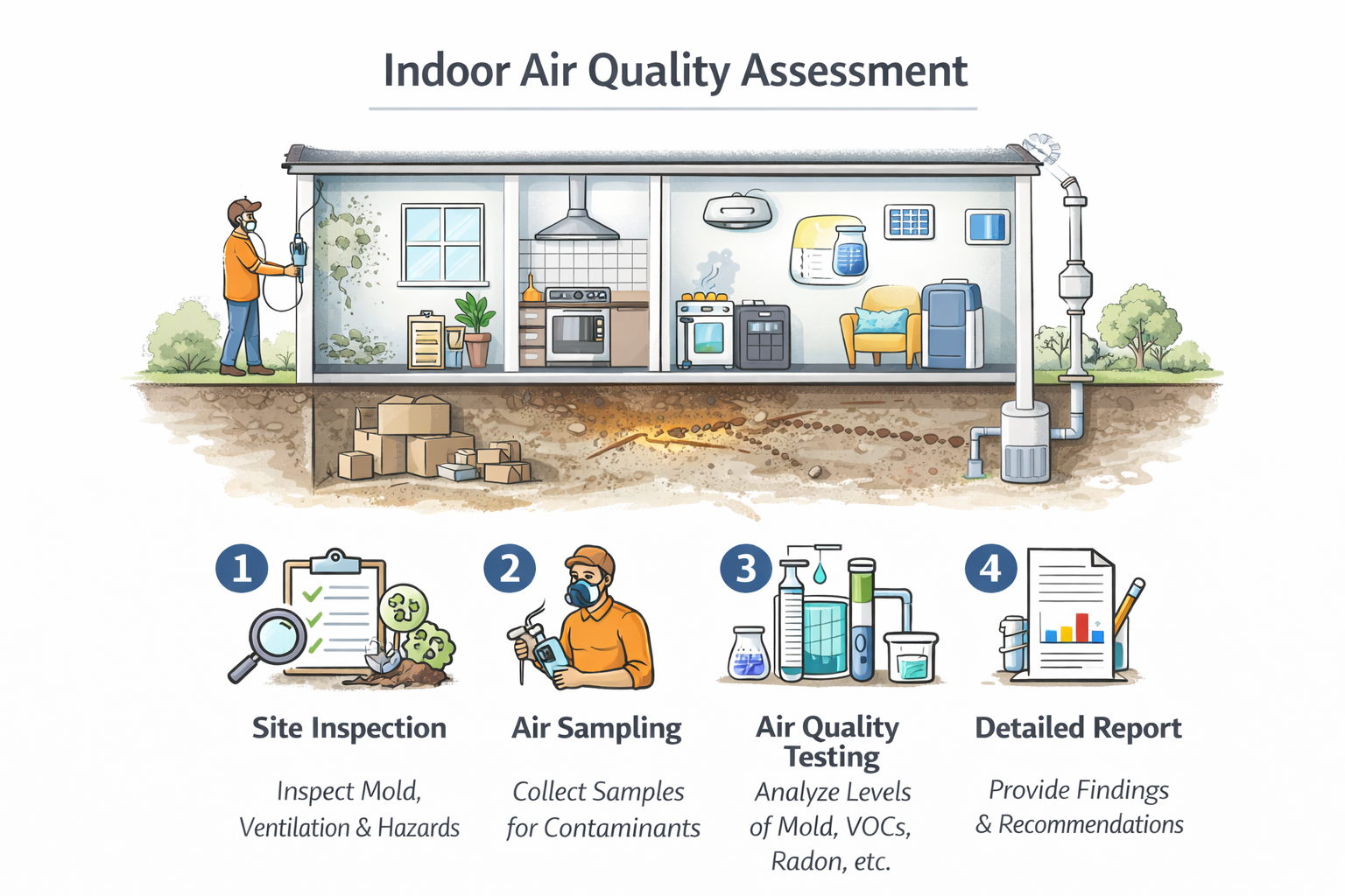 Step-by-step indoor air quality testing showing mold inspection, air sampling, contaminant analysis, and reporting for environmental conditions