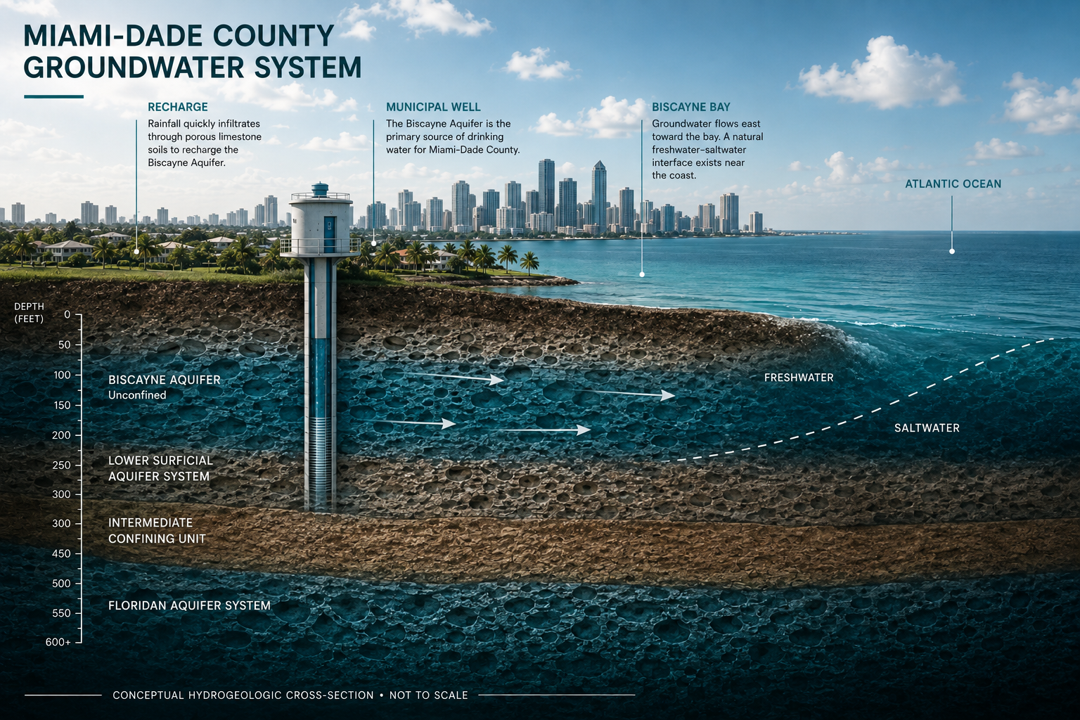 Conceptual cross-section of the Miami-Dade County groundwater system showing the Biscayne Aquifer, groundwater flow, municipal well and saltwater interface