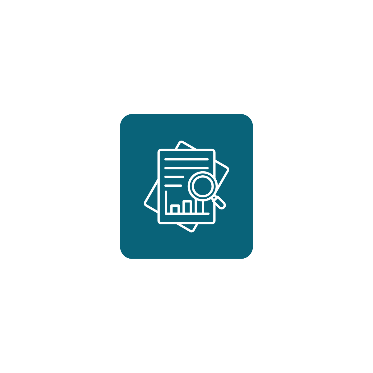 Icon of documents with bar chart and magnifying glass