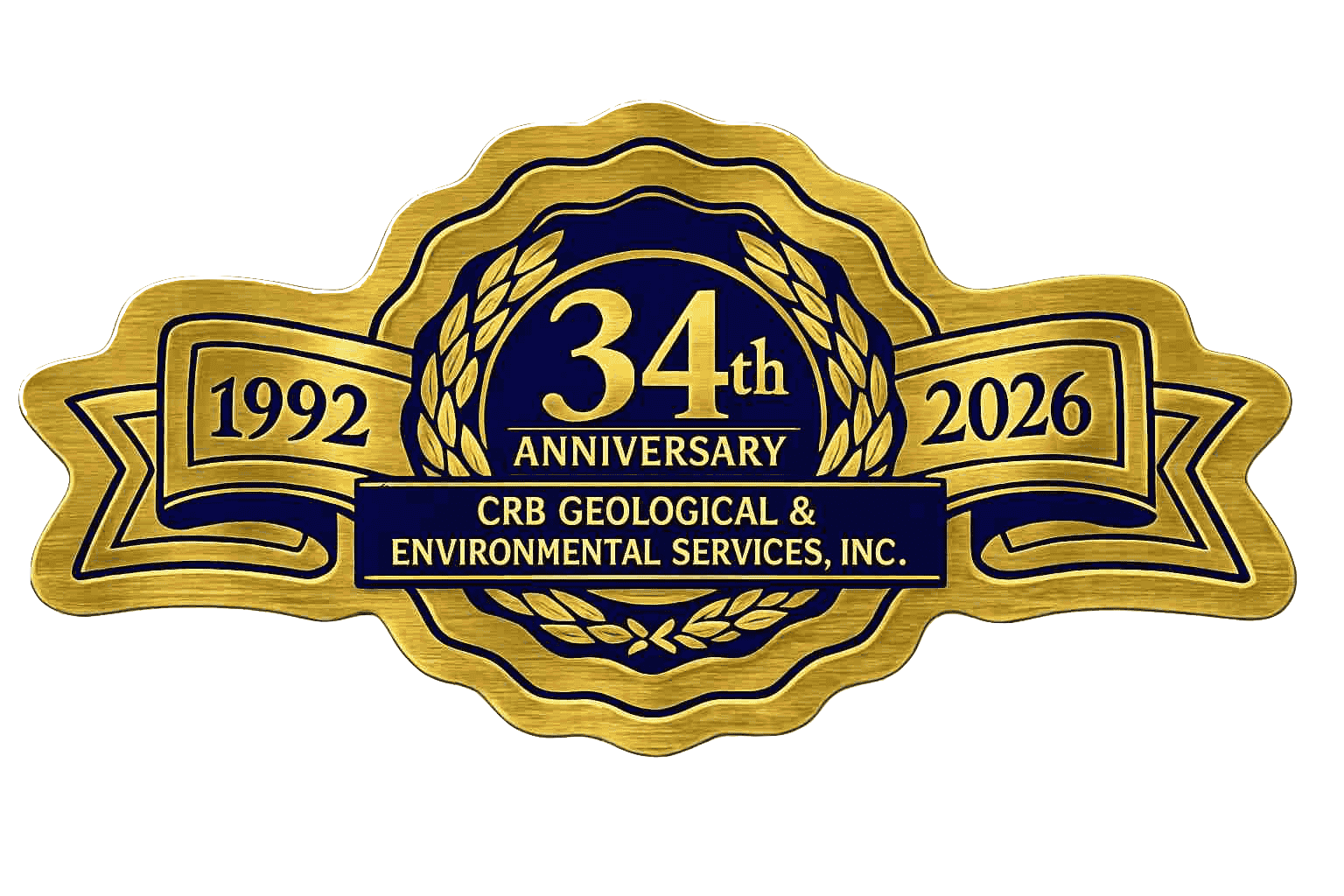 CRB Geological & Environmental Services 34th anniversary badge celebrating experience in environmental consulting since 1992