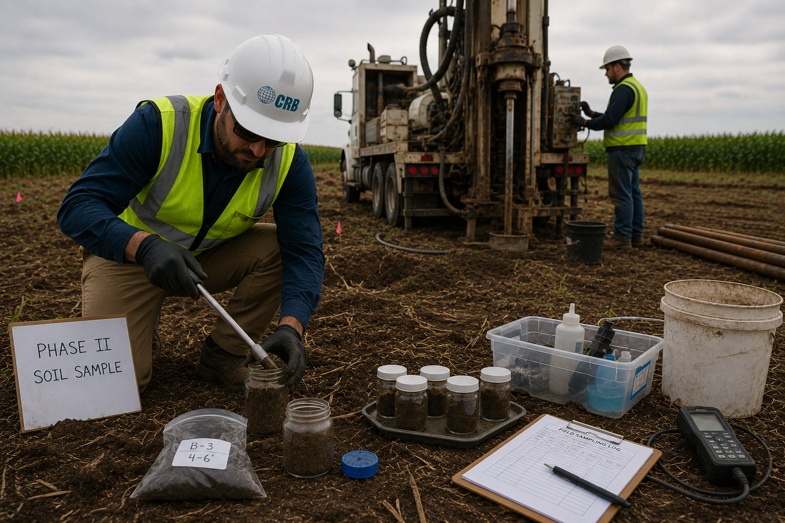 Agricultural scientists collecting soil samples in a field, with equipment and a truck in the background, under cloudy skies.