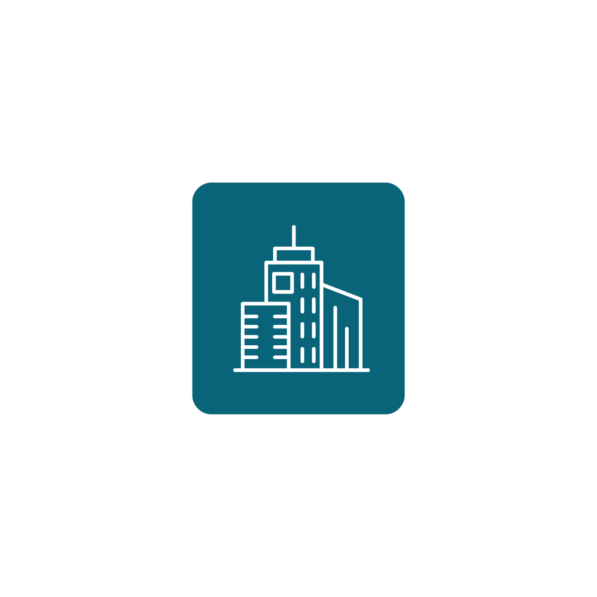 Icon of a city skyscraper in white on a dark teal square background.