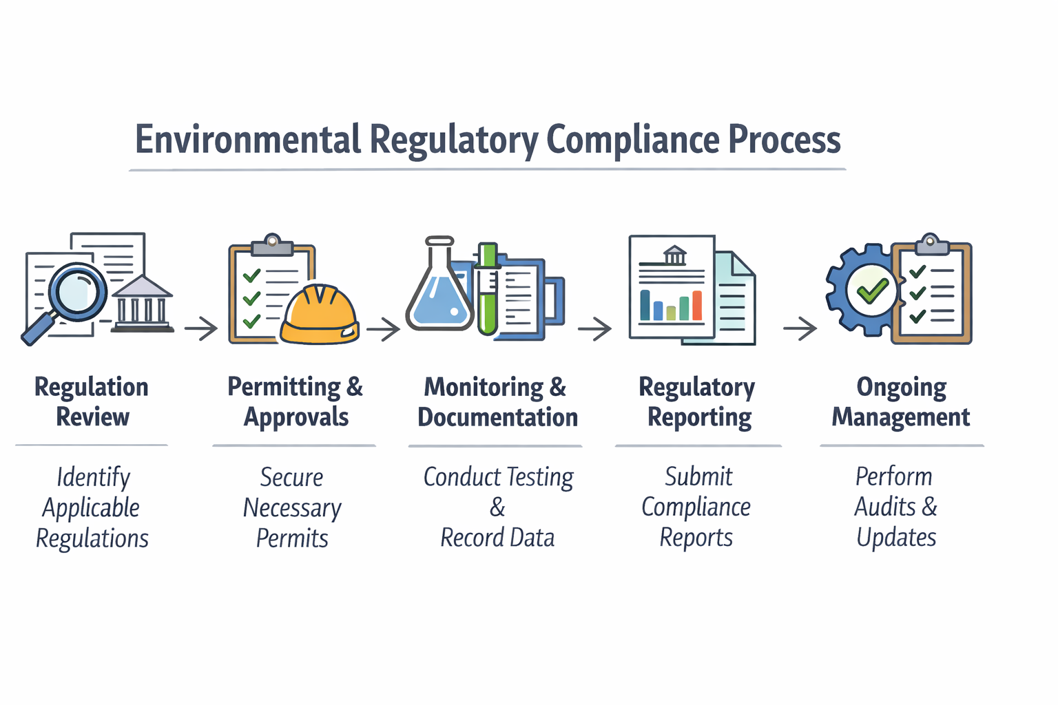 Environmental regulatory compliance process including regulation review, permitting, monitoring, reporting, and ongoing environmental management