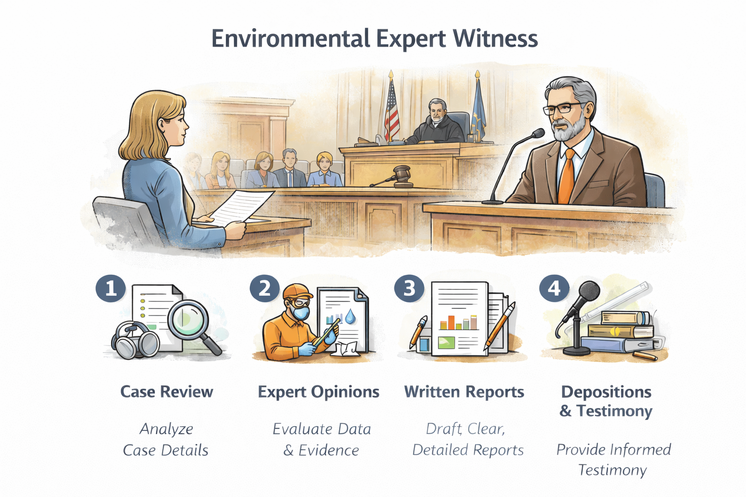 Environmental expert witness process including case review, expert opinions, written reports, and deposition and trial testimony for litigation support