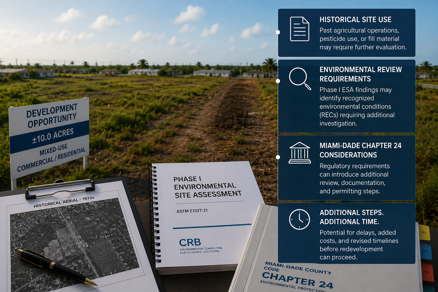 Environmental review and redevelopment planning illustration showing former agricultural property in Miami-Dade with historical land use considerations, permitting review, and redevelopment due diligence process.