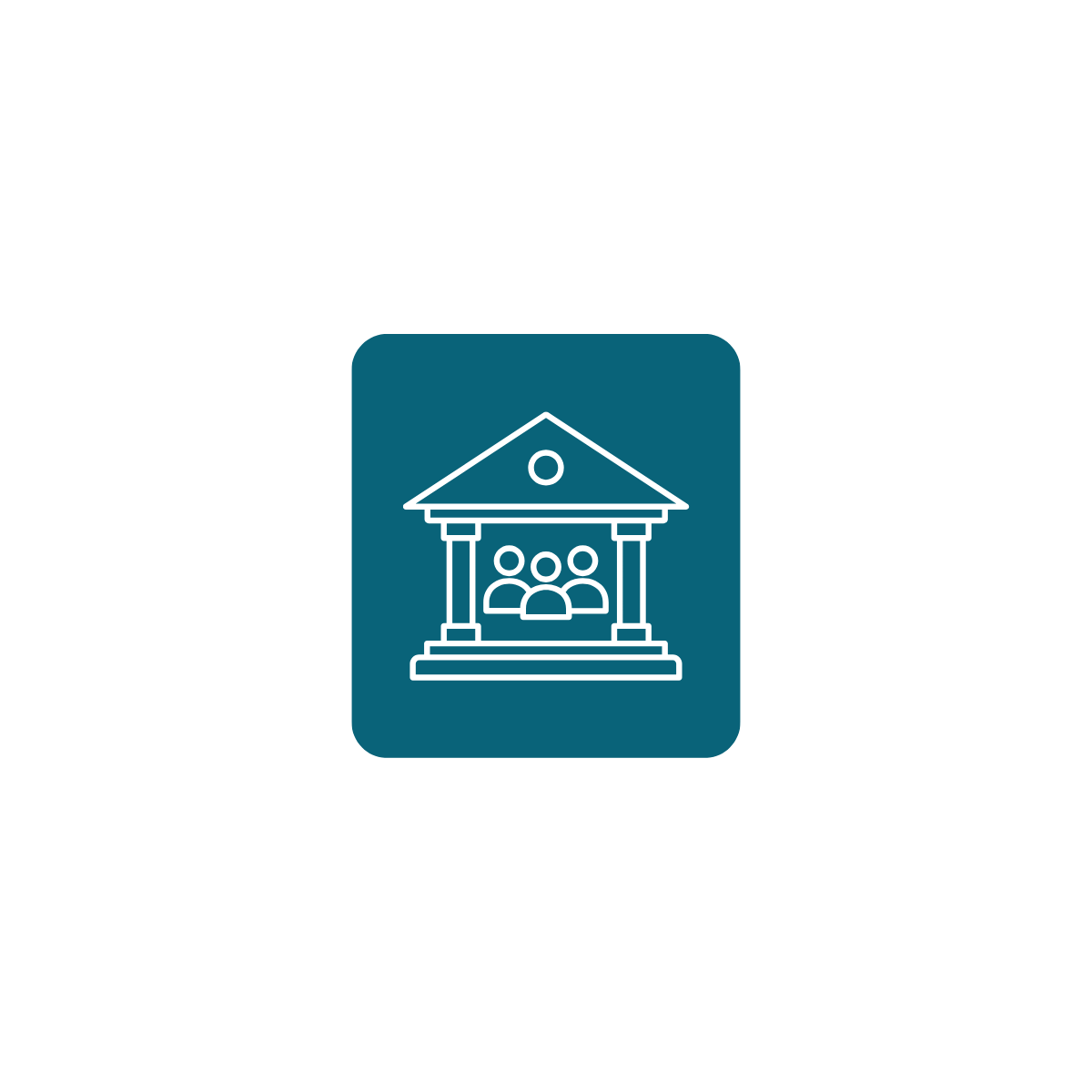 Icon representing a group discussion or a community gathering at a building with columns and a triangular roof.