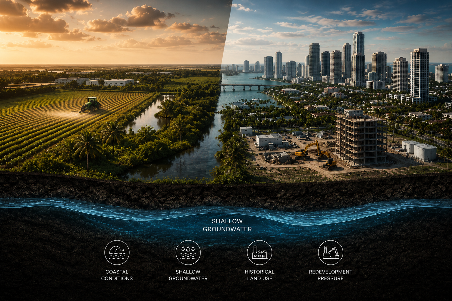 Historical agricultural land and urban redevelopment in South Florida showing shallow groundwater conditions, commercial redevelopment pressure, environmental risk factors, and subsurface environmental considerations