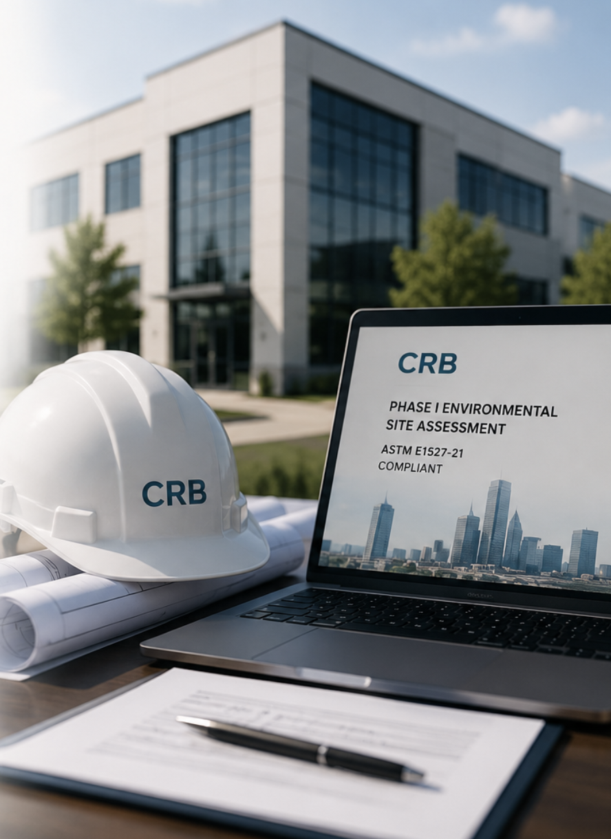 Construction safety helmet and documents on a table outside in front of a modern office building, with a laptop displaying a report titled 'Phase I Environmental Site Assessment'.