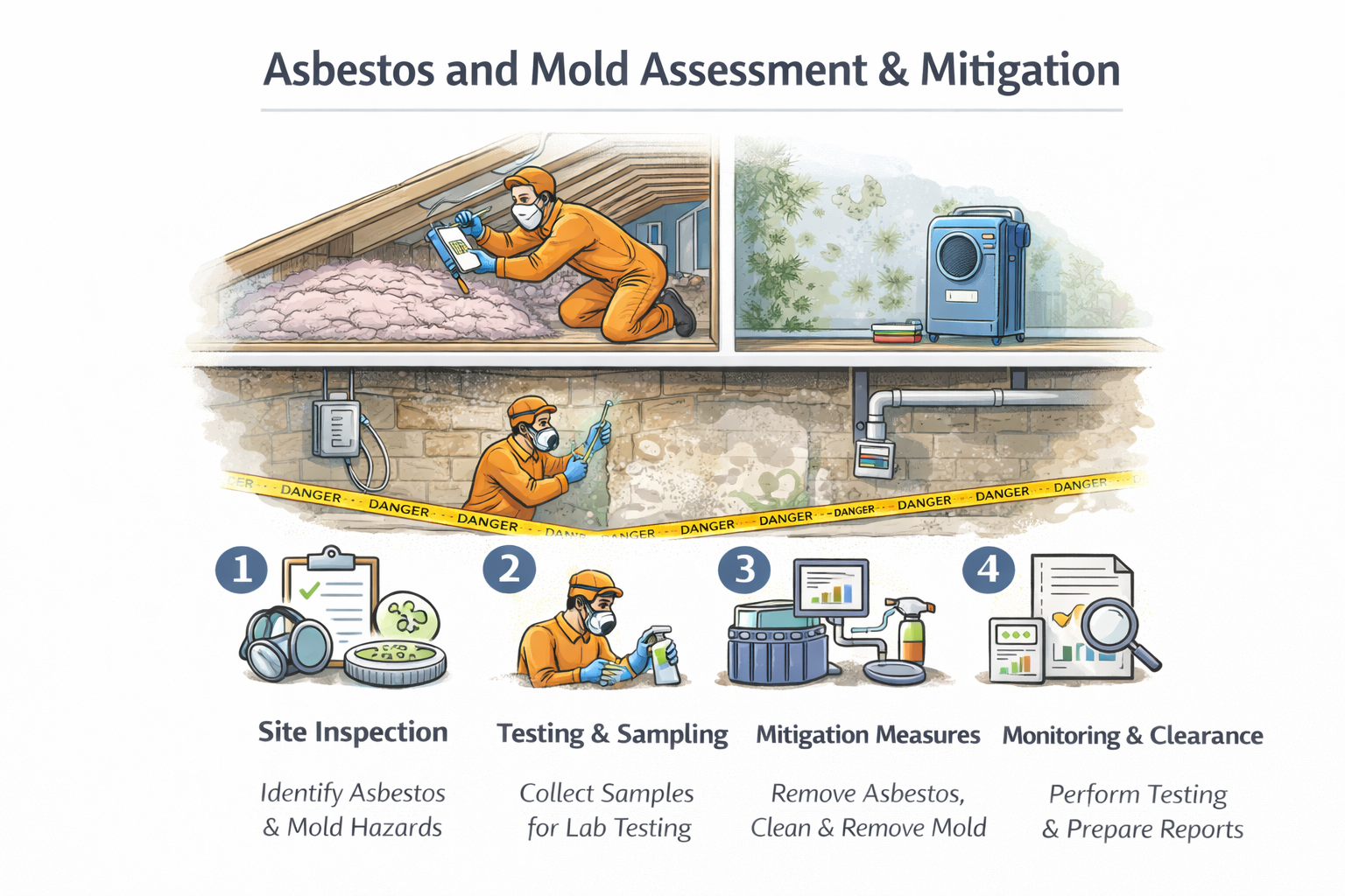 Asbestos and mold inspection, testing, mitigation, and clearance process for hazardous materials and indoor environmental safety