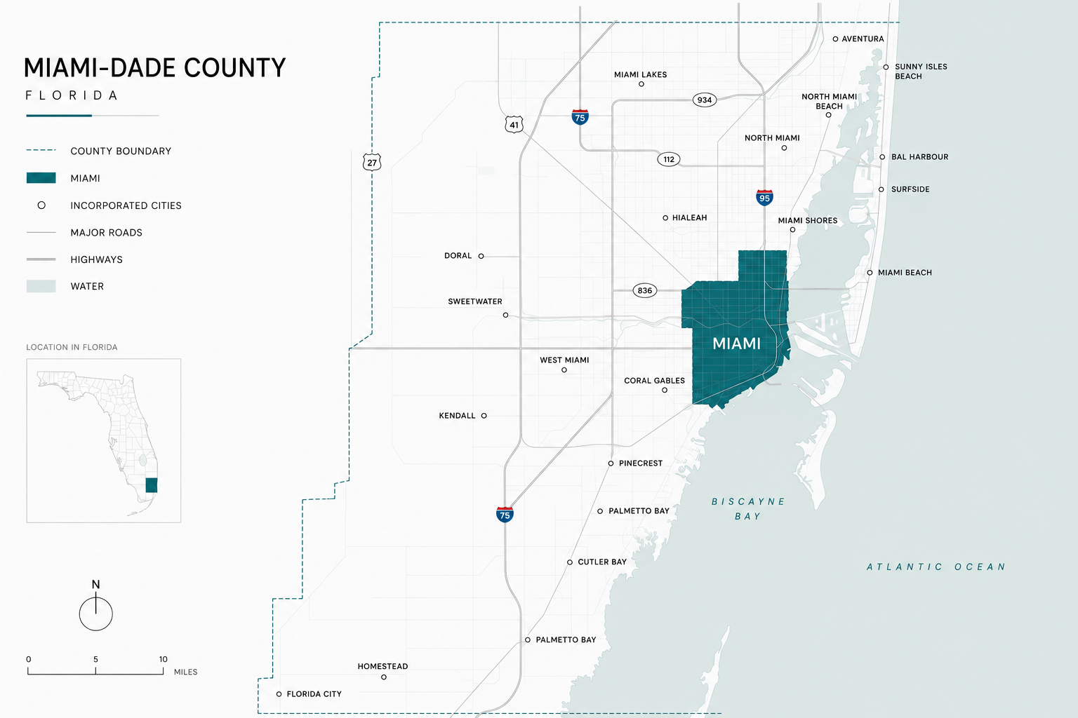 Map of Miami-Dade County highlighting Miami, Florida and surrounding communities