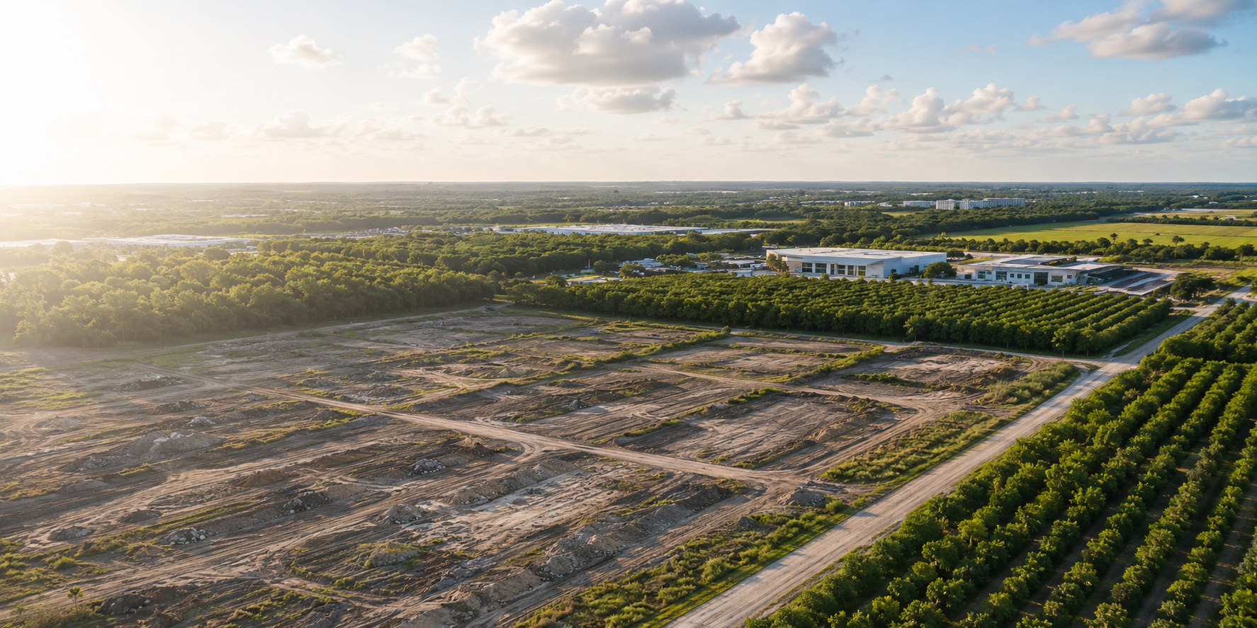 Aerial view of former agricultural land in South Florida showing redevelopment transition areas, grove land, environmental due diligence context, and expanding Miami-Dade redevelopment corridors.