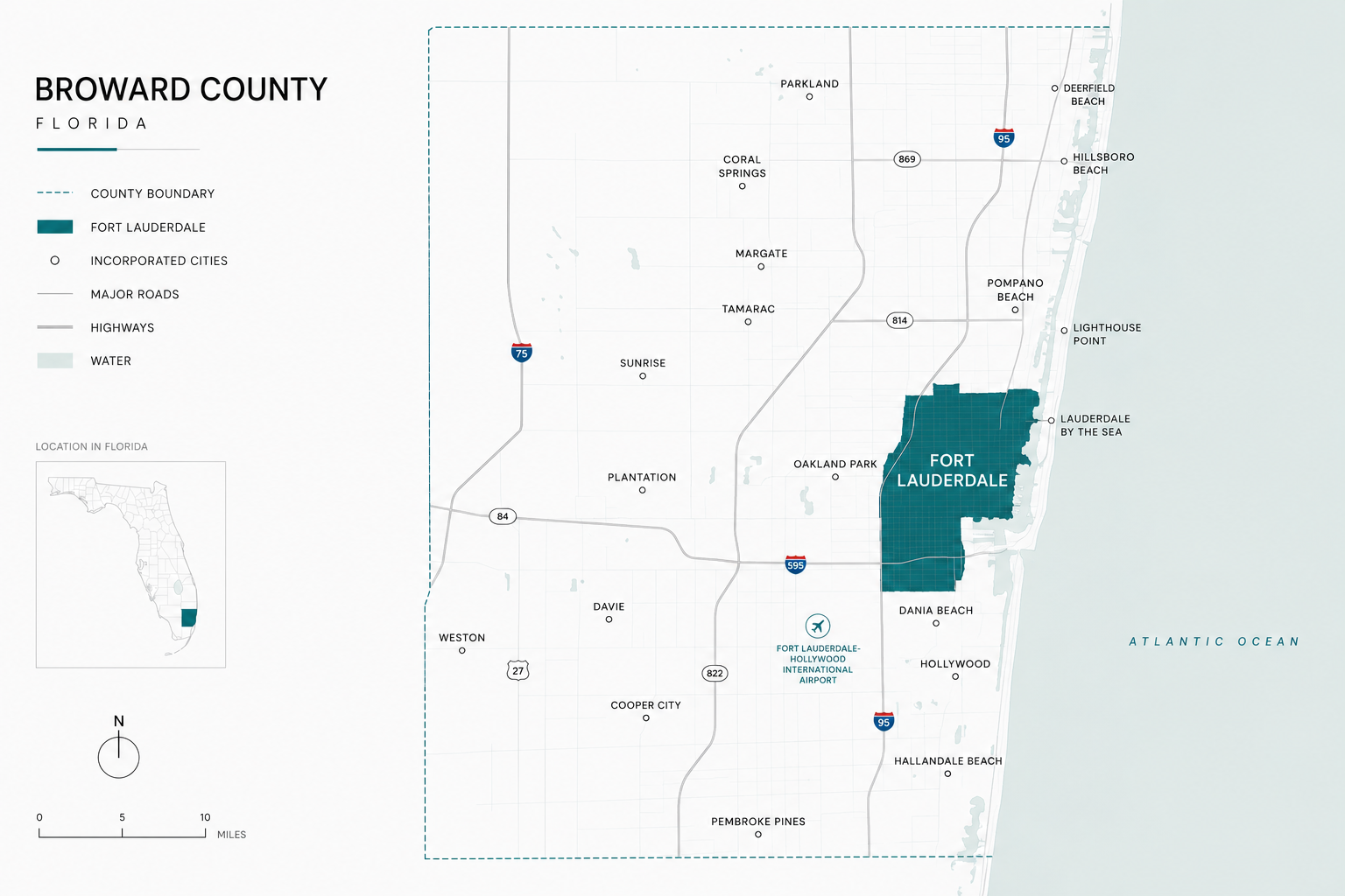 Map of Broward County highlighting Fort Lauderdale, Florida and surrounding communities