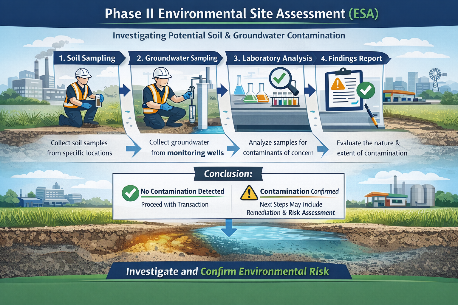 Soil and groundwater contamination investigation process including sampling, laboratory analysis, and environmental findings report