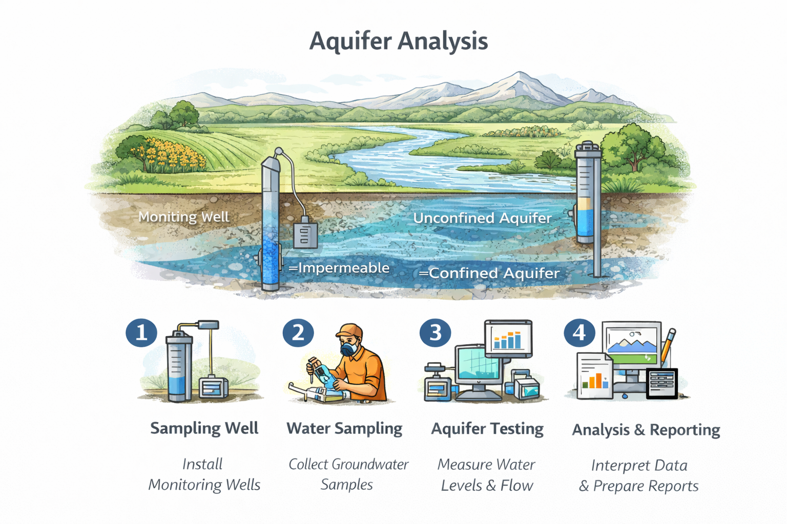 Groundwater and aquifer analysis process showing monitoring wells, water sampling, aquifer testing, and environmental data analysis