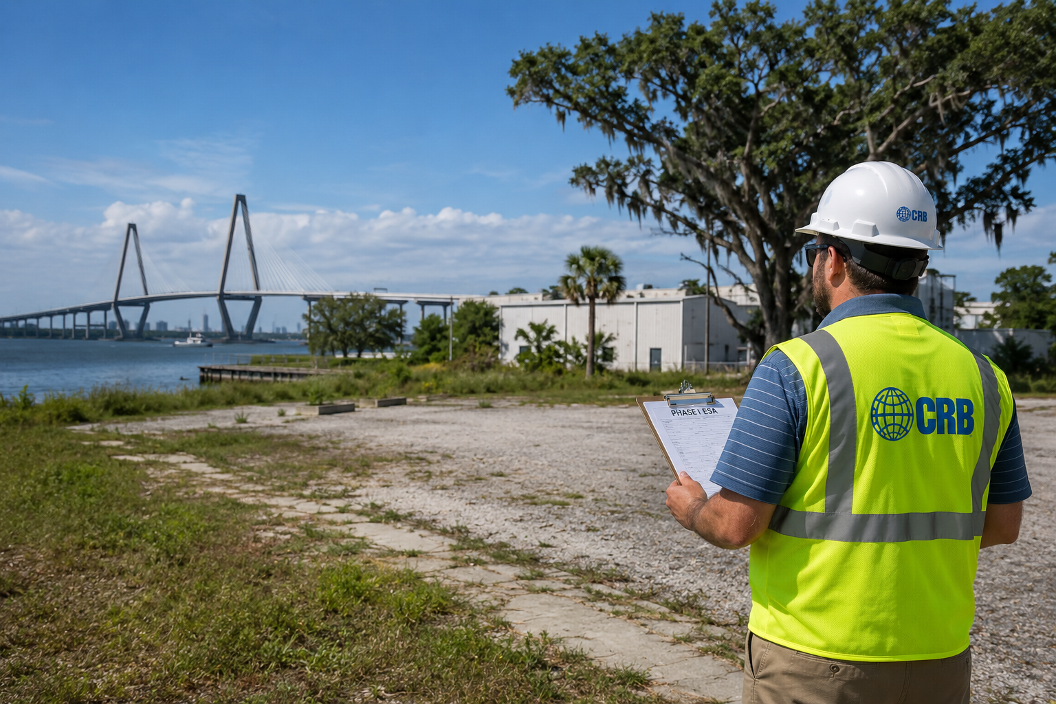 A man wearing a CRB vest and helmet holding a clipboard in an outdoor area near water, with a bridge and trees in the background.