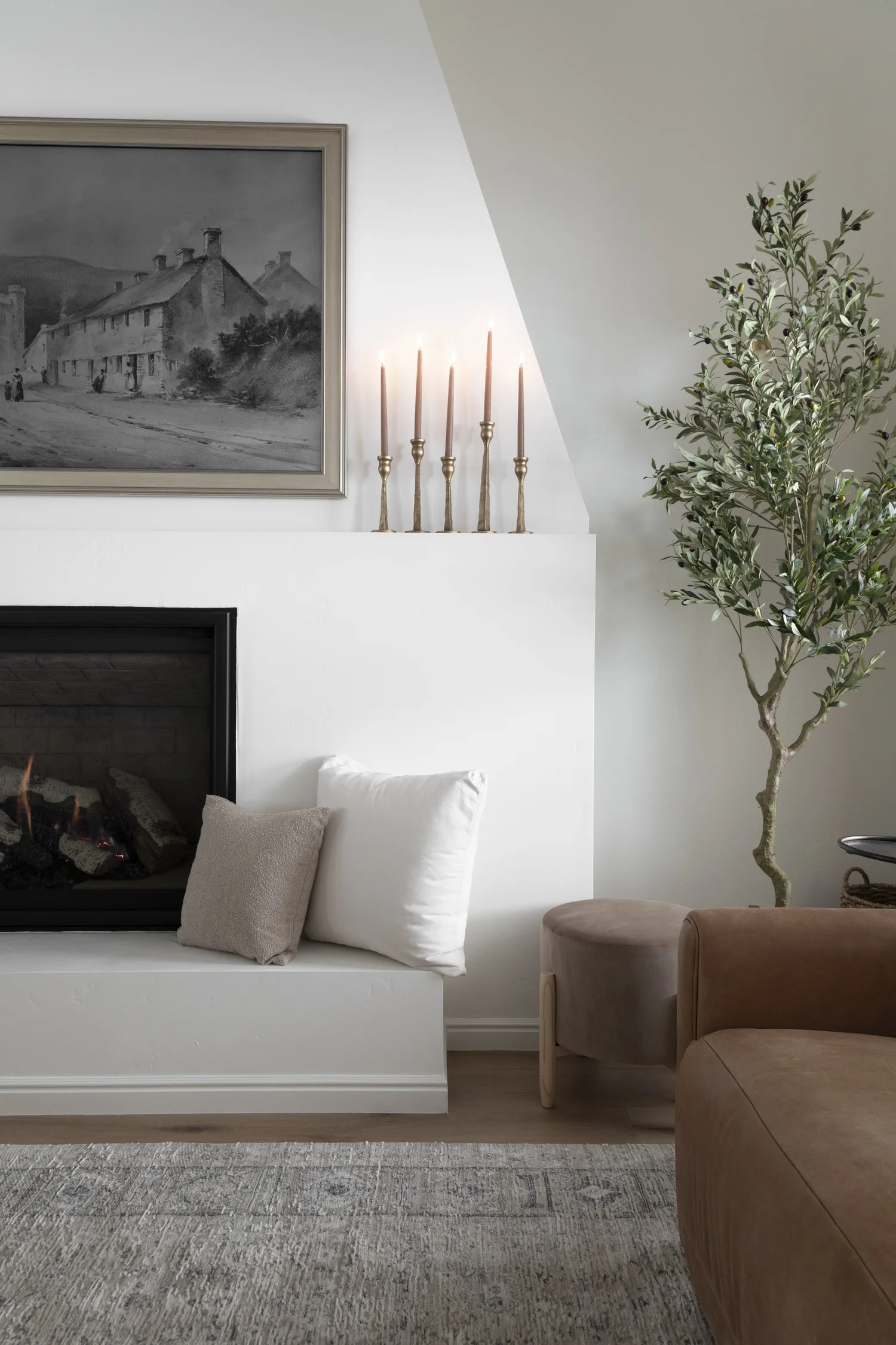 Vaulted, beamed living room with gas fireplace, interior photograph 9 of 12 by Andi Marshall Interiors