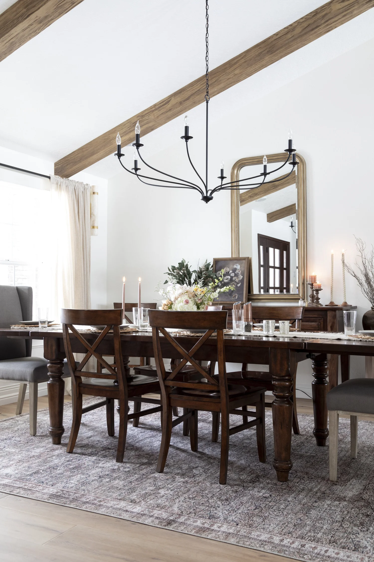 Vaulted, beamed living room with gas fireplace, interior photograph 3 of 12 by Andi Marshall Interiors
