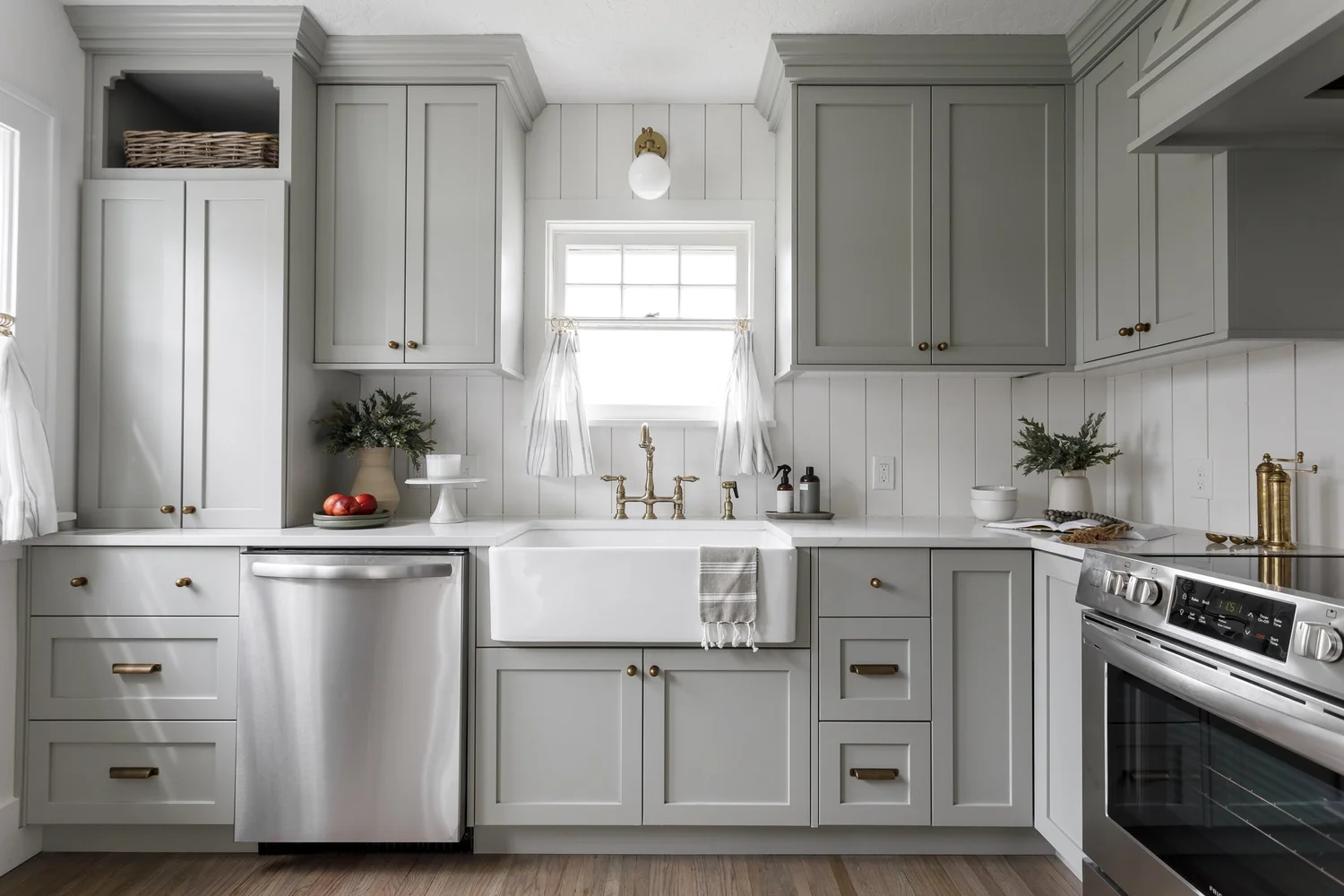 gray cabinets, farmhouse sink, range