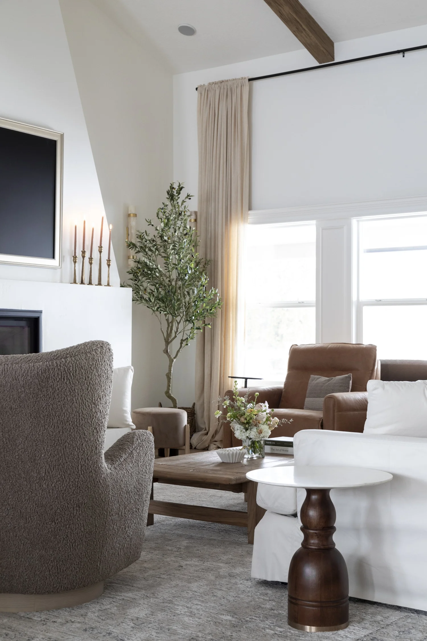 Vaulted, beamed living room with gas fireplace, interior photograph 12 of 12 by Andi Marshall Interiors