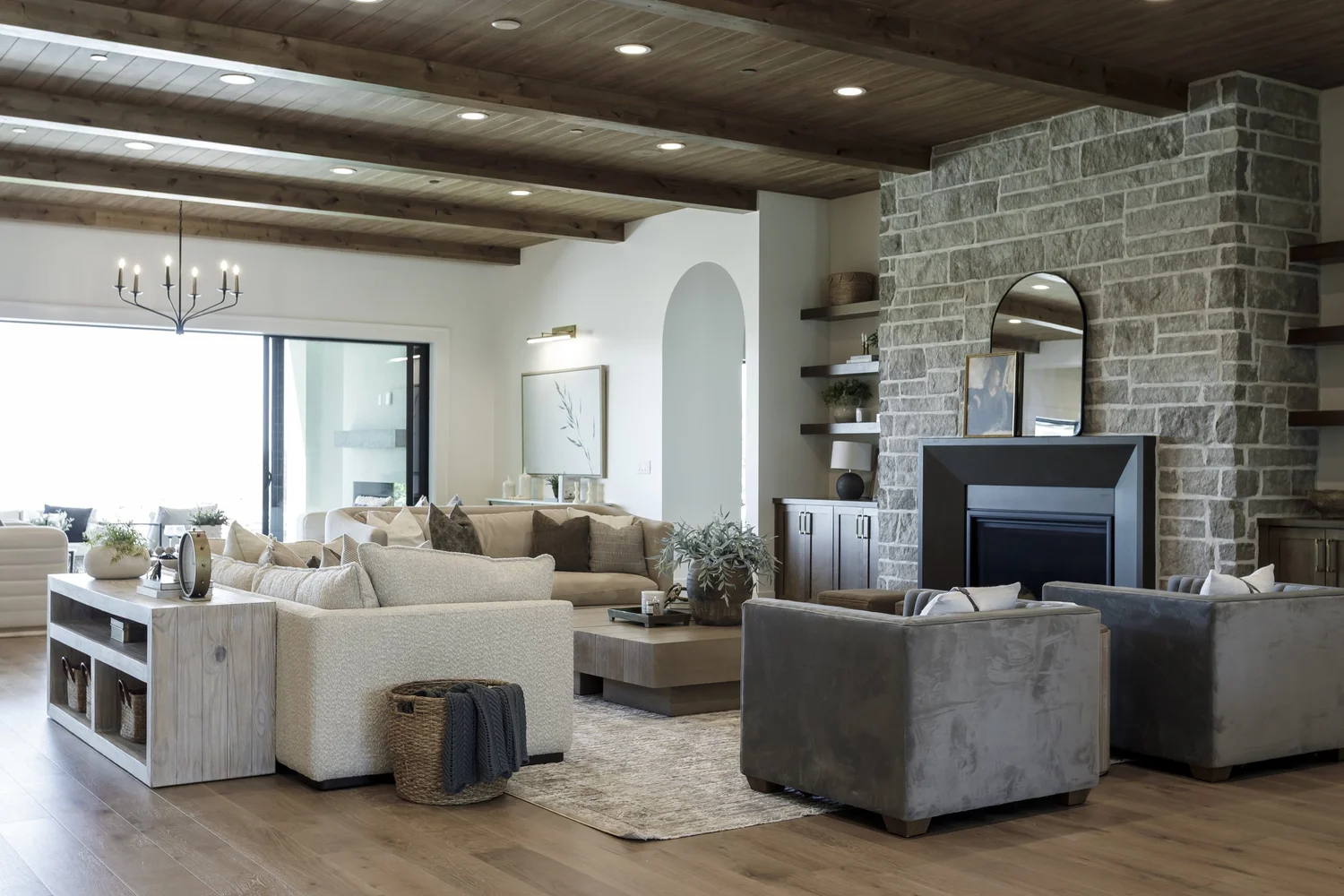 Dark-wood ceiling great room and kitchen, interior photograph 1 of 9 by Andi Marshall Interiors