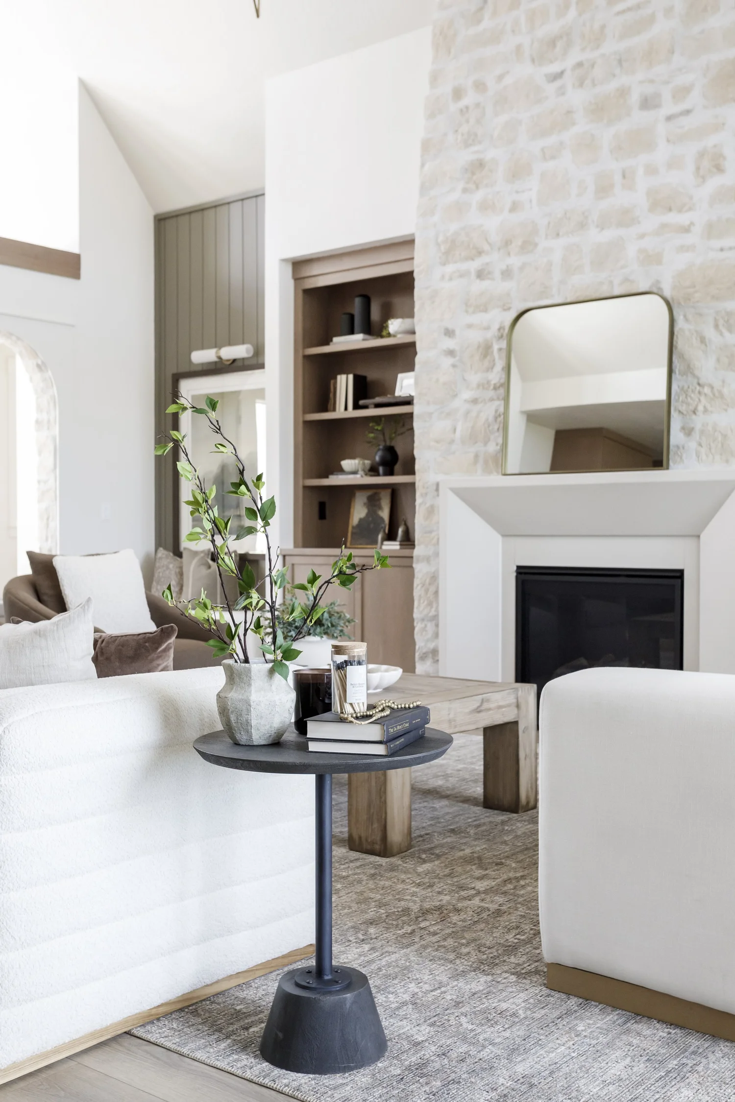 Stone fireplace with sage shiplap built-ins, interior photograph 5 of 10 by Andi Marshall Interiors