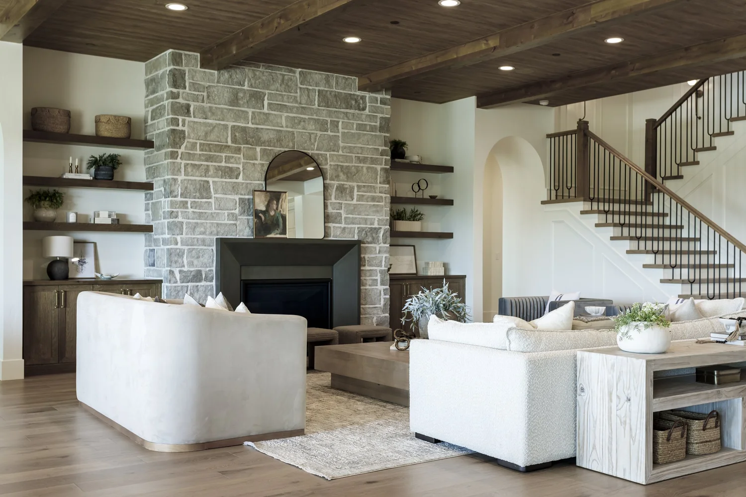 Dark-wood ceiling great room and kitchen, interior photograph 2 of 9 by Andi Marshall Interiors