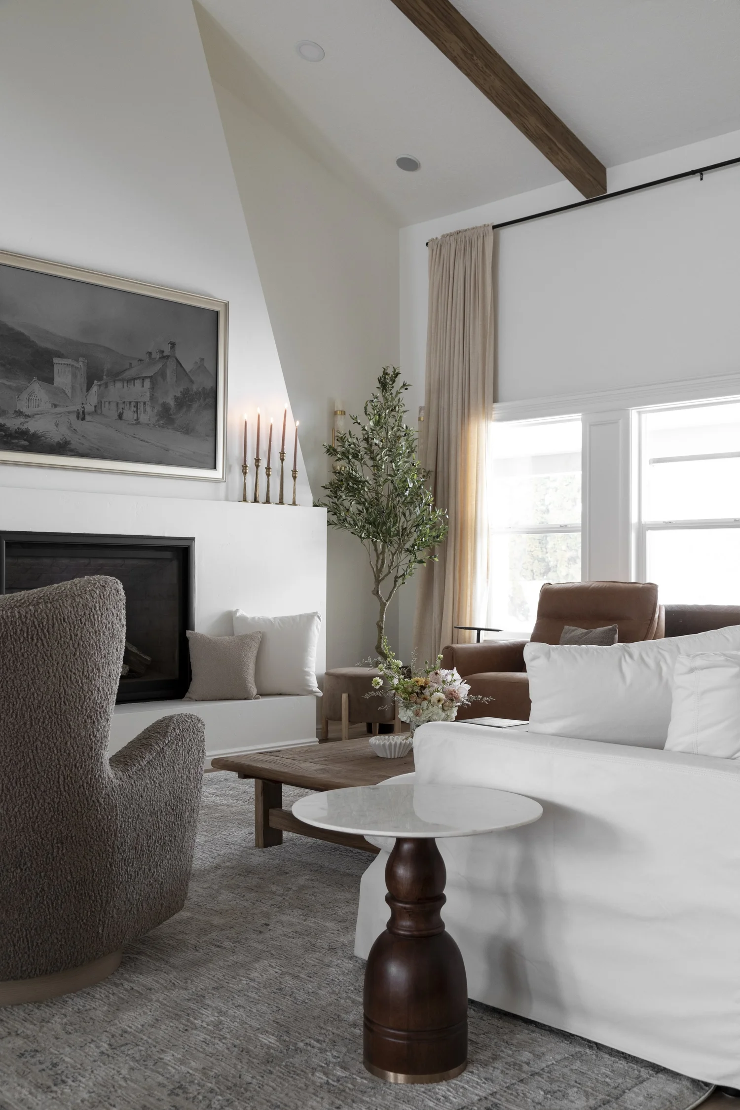 Vaulted, beamed living room with gas fireplace, interior photograph 7 of 12 by Andi Marshall Interiors