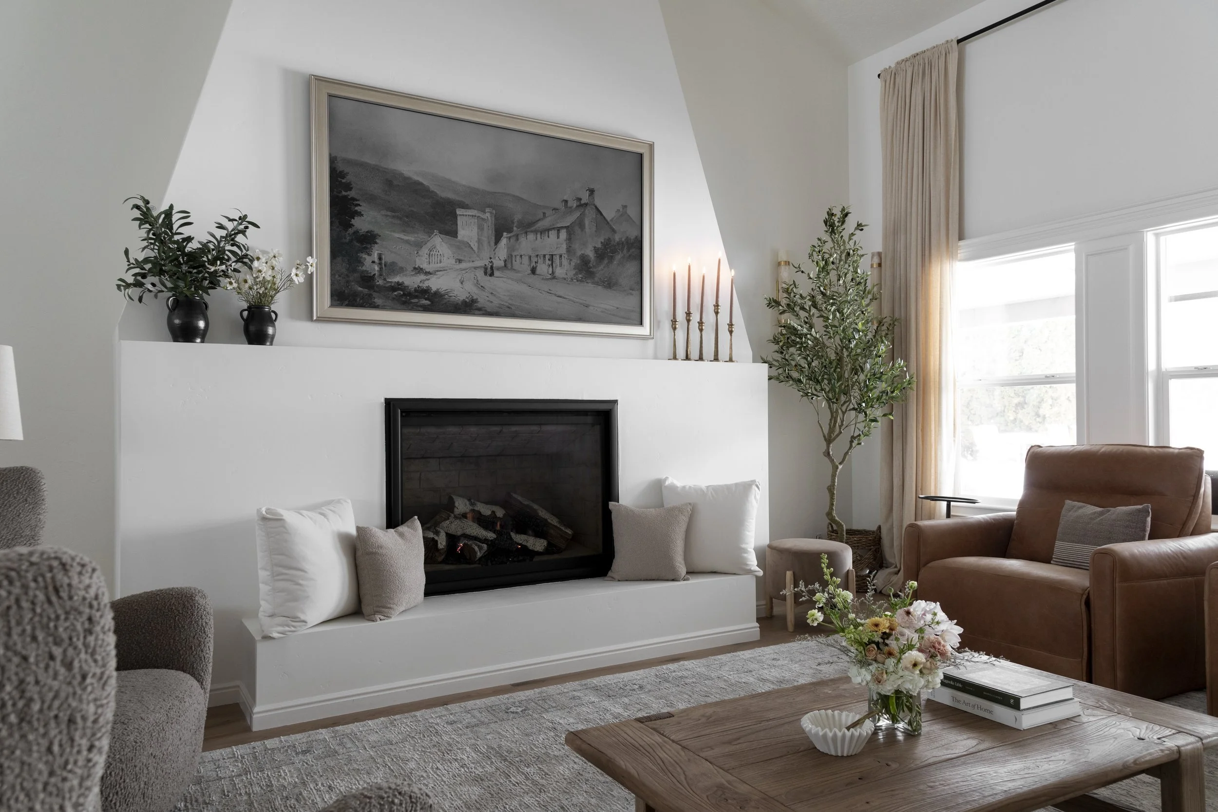 Vaulted, beamed living room with gas fireplace