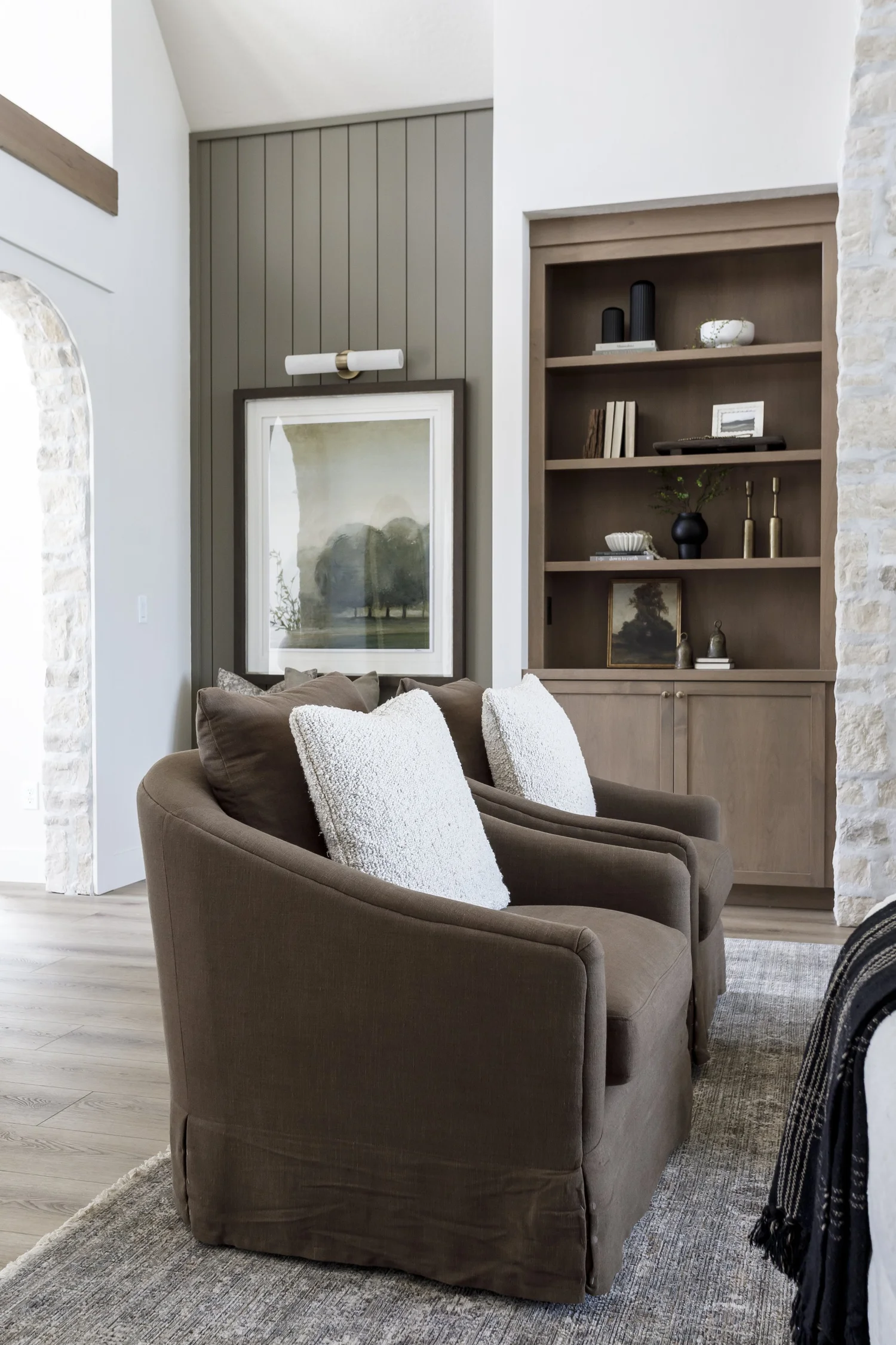 Stone fireplace with sage shiplap built-ins, interior photograph 3 of 10 by Andi Marshall Interiors