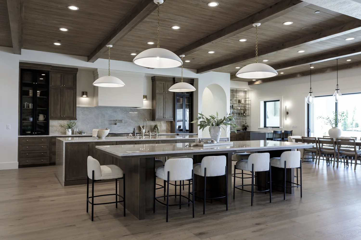 Dark-wood ceiling great room and kitchen, interior photograph 7 of 9 by Andi Marshall Interiors