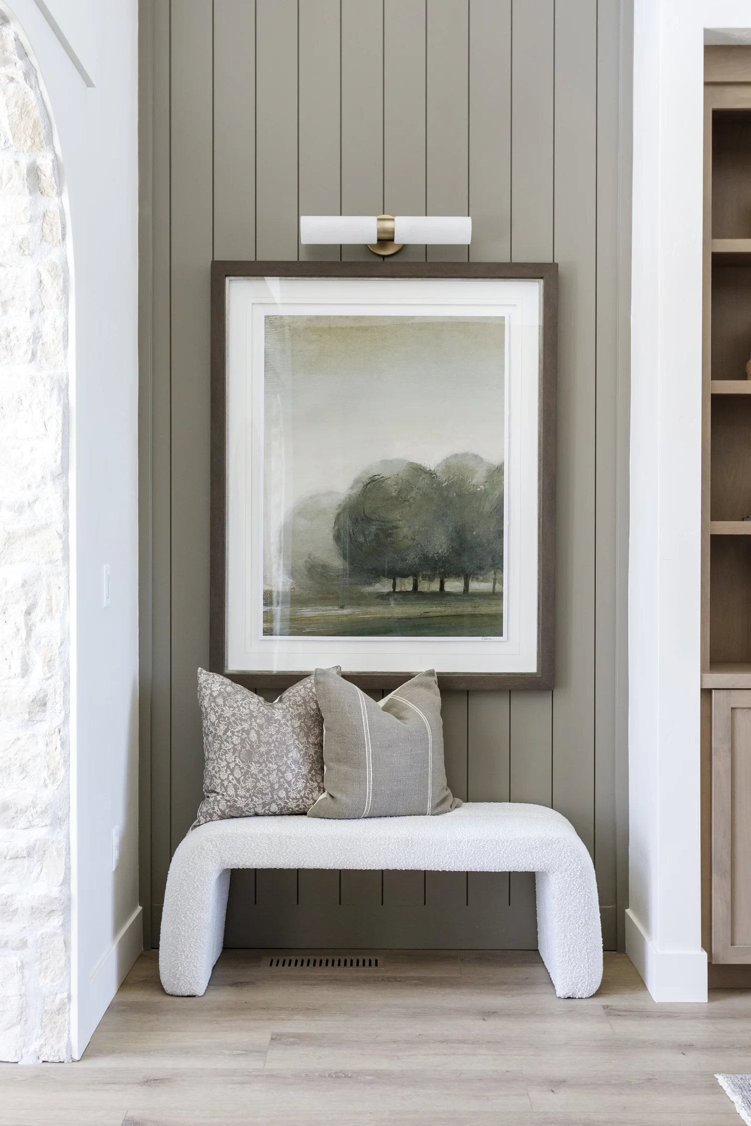 Stone fireplace with sage shiplap built-ins, interior photograph 8 of 10 by Andi Marshall Interiors