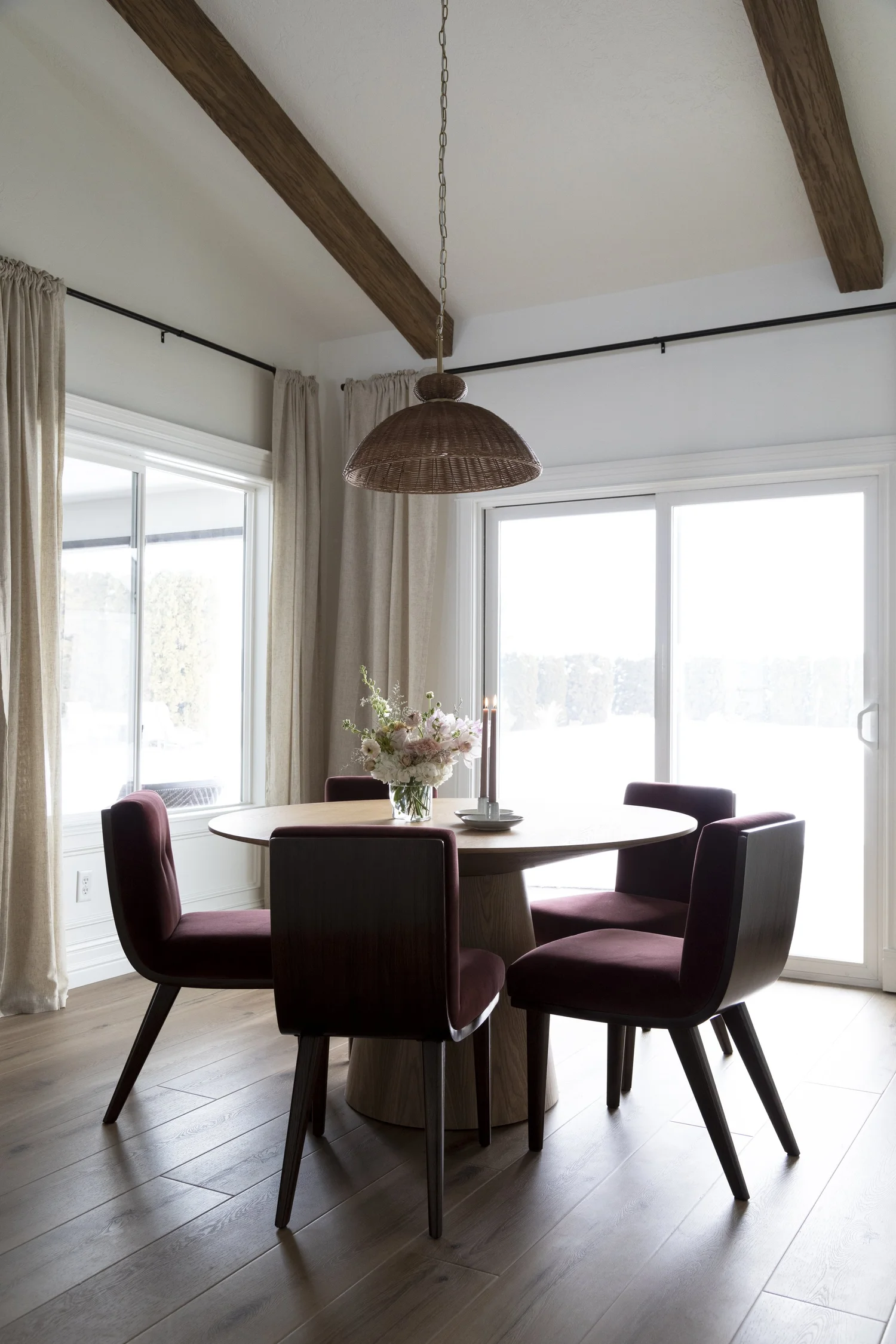 Vaulted, beamed living room with gas fireplace, interior photograph 10 of 12 by Andi Marshall Interiors