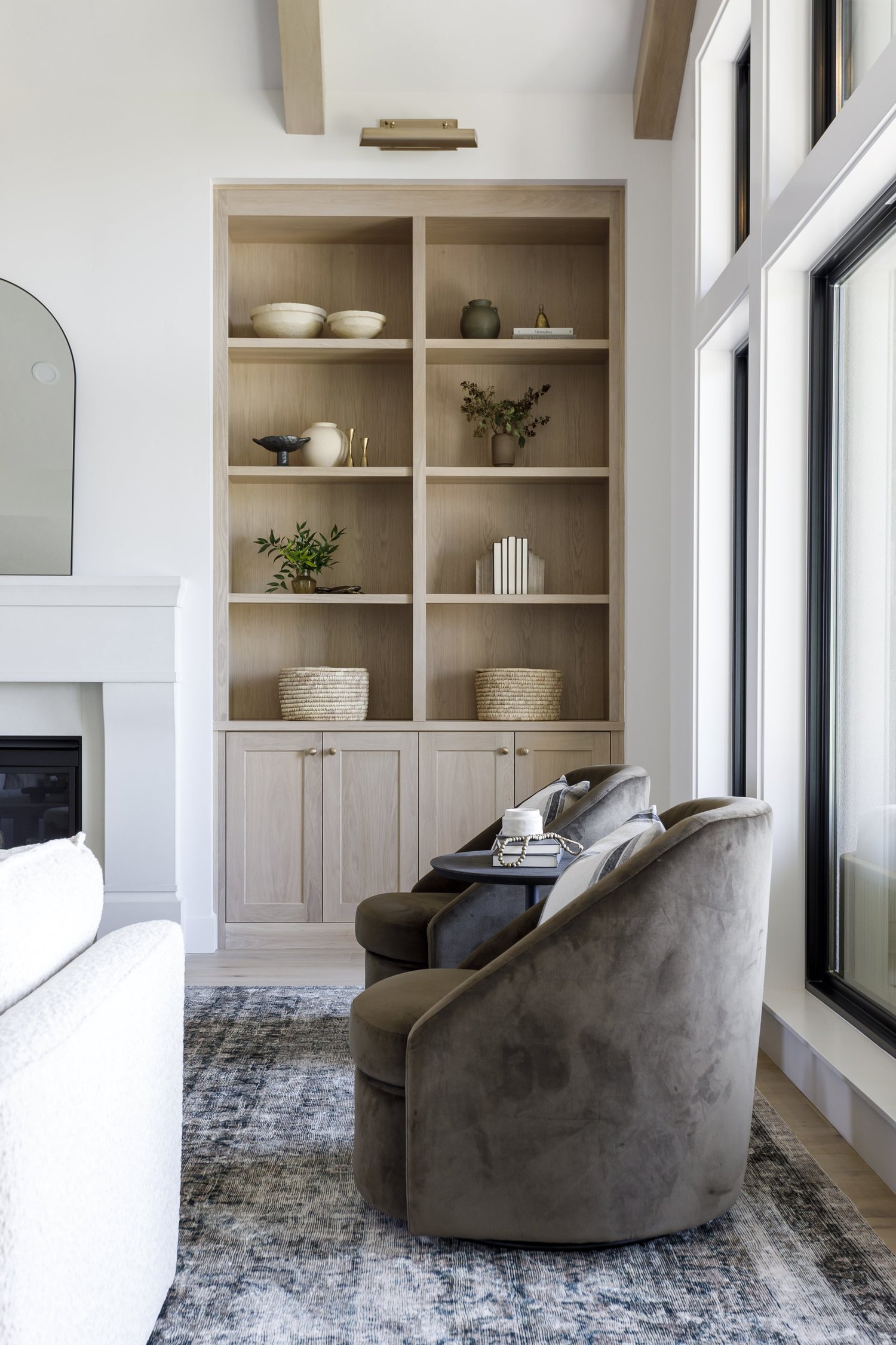 Light-oak built-in fireplace great room, interior photograph 2 of 6 by Andi Marshall Interiors