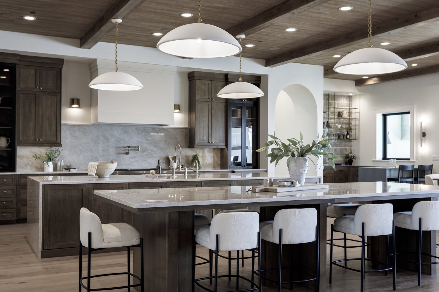 Dark-wood ceiling great room and kitchen, interior photograph 8 of 9 by Andi Marshall Interiors