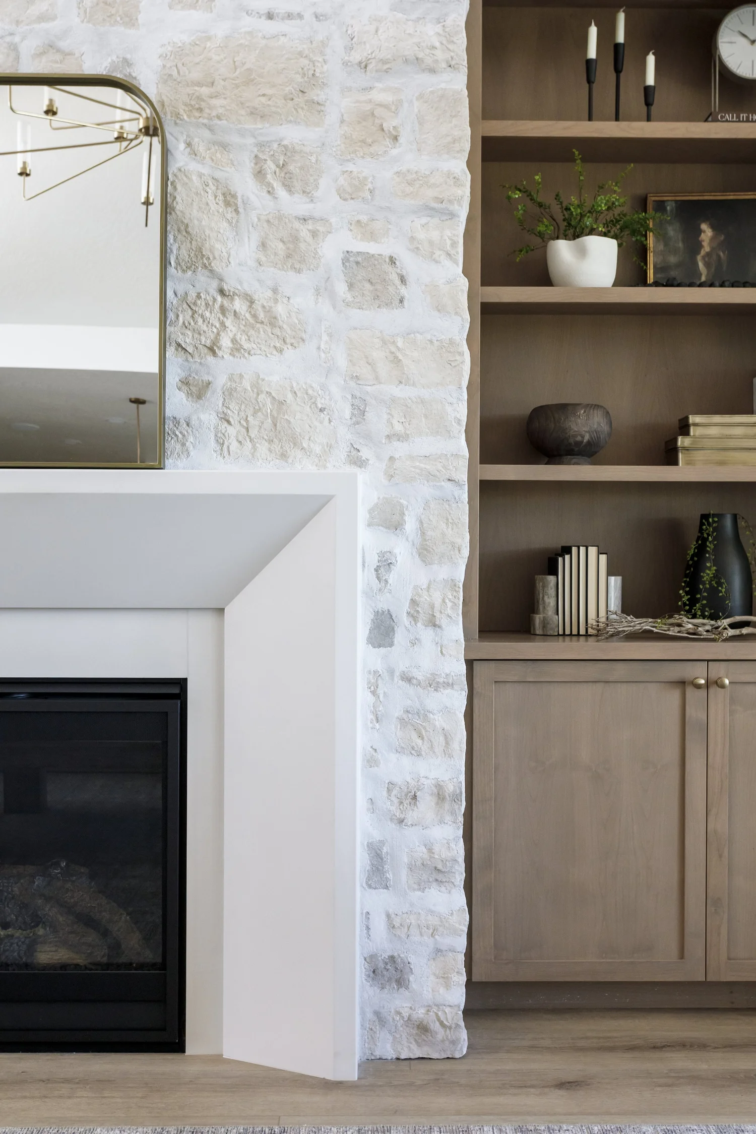 Stone fireplace with sage shiplap built-ins, interior photograph 10 of 10 by Andi Marshall Interiors