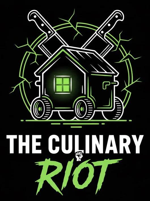 A digital illustration of a house with wheels and two crossed knives behind it, surrounded by green lightning bolts, with the text 'The Culinary Riot' below, featuring a clenched fist symbol.