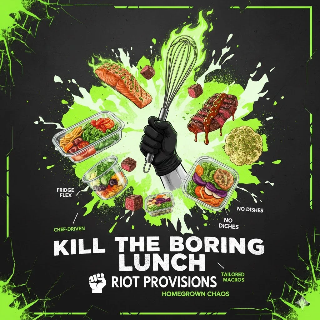 Illustration of a hand wearing a black glove holding a whisk, surrounded by various colorful food containers, meats, and vegetables against a black and green background with splashes of green paint and text promoting a rebellious, chaotic lunch concept.