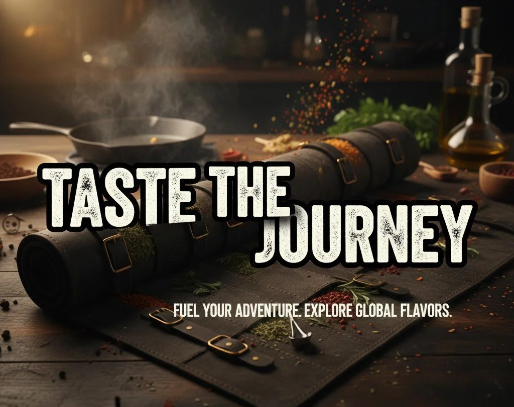 A spice roll with various spices spilling out, with a background of spice jars, a skillet, and herbs on a wooden table. Text reads: "Taste the Journey" and "Fuel your adventure. Explore global flavors."