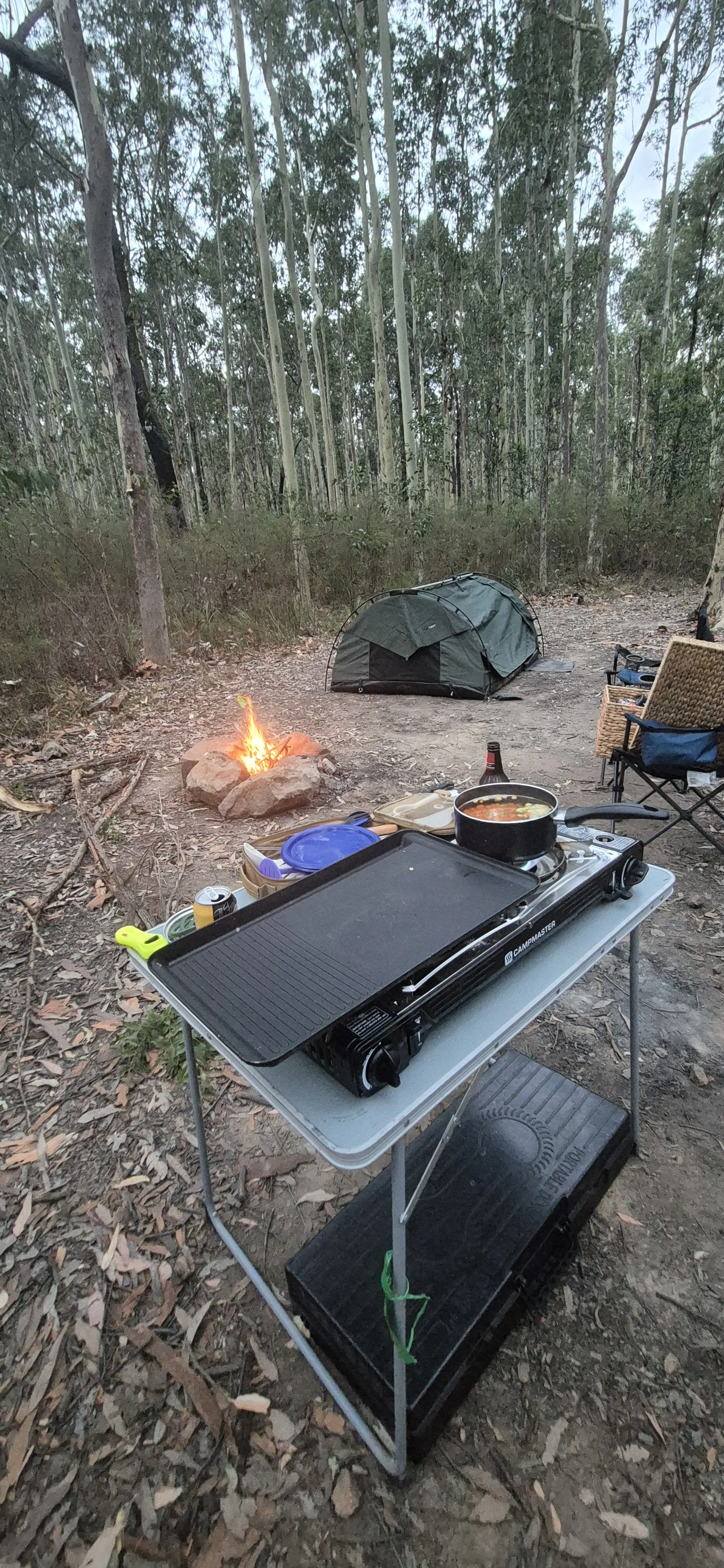 Camping setup in a forest with a small campfire, a tent, outdoor chairs, and a portable stove on a table cooking food.
