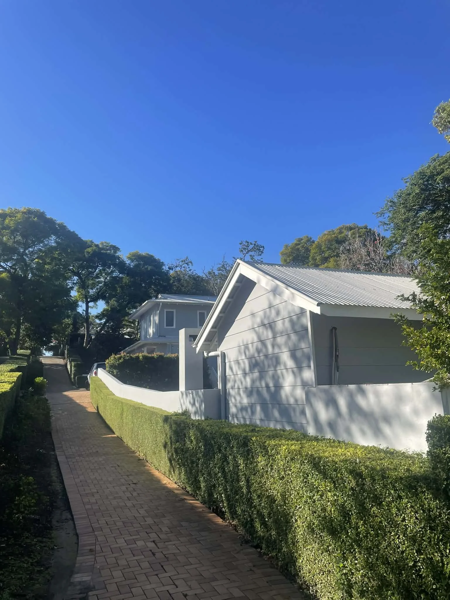 A bright, sunny day with a clear blue sky, showing a paved walkway beside a white house with metal roofing, surrounded by green bushes and trees.