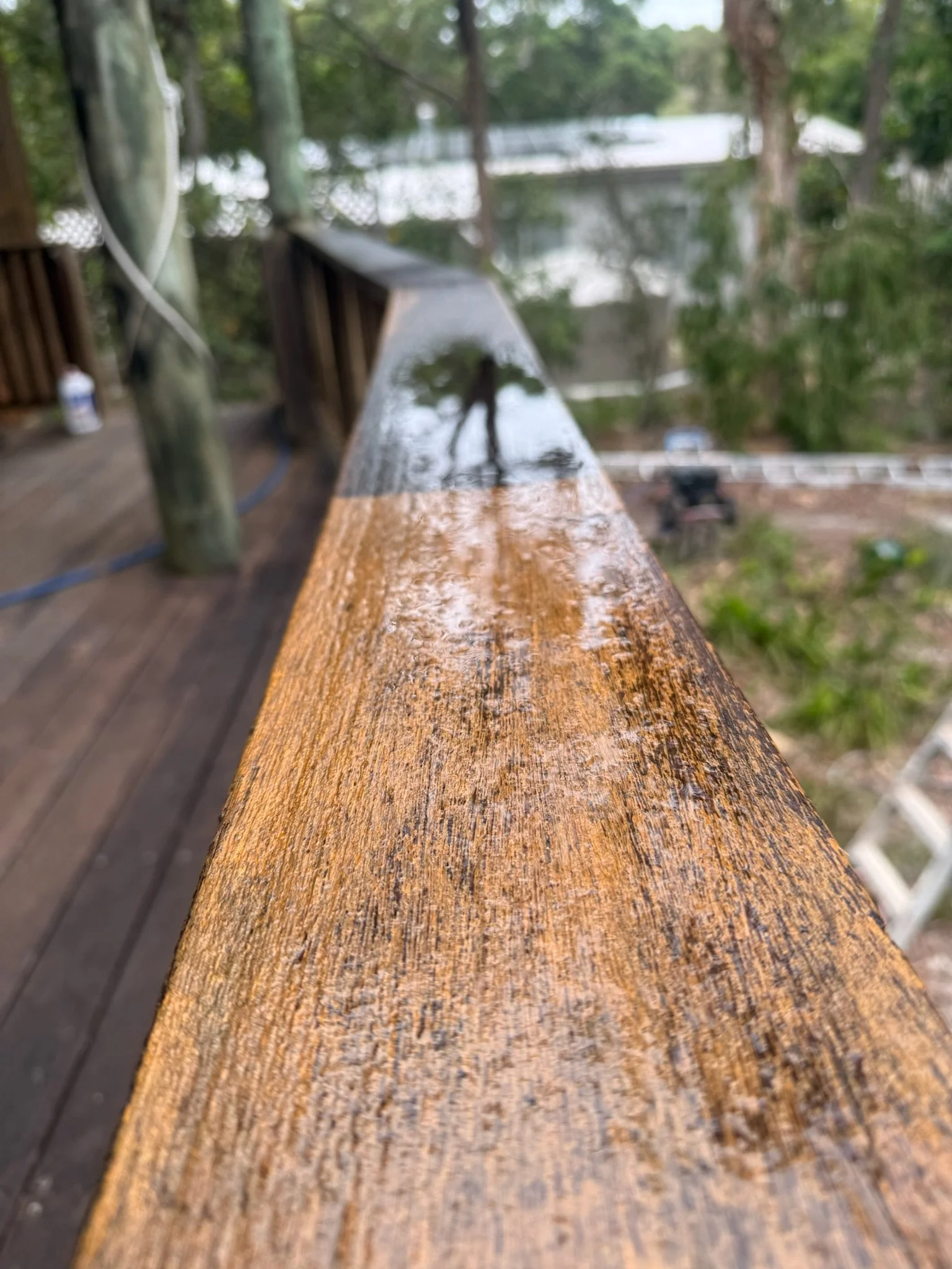 Close-up of a wet, polished wooden railing on an outdoor deck with trees and a lake in the background.