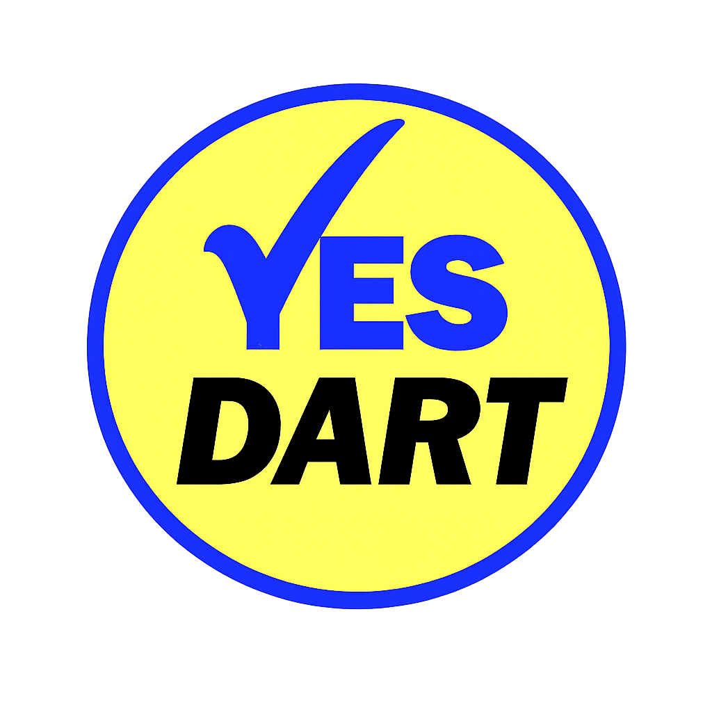 Bright yellow circular sign with a blue border reading 'YES DART' in bold black and blue letters, with a large blue checkmark over the word 'YES'.