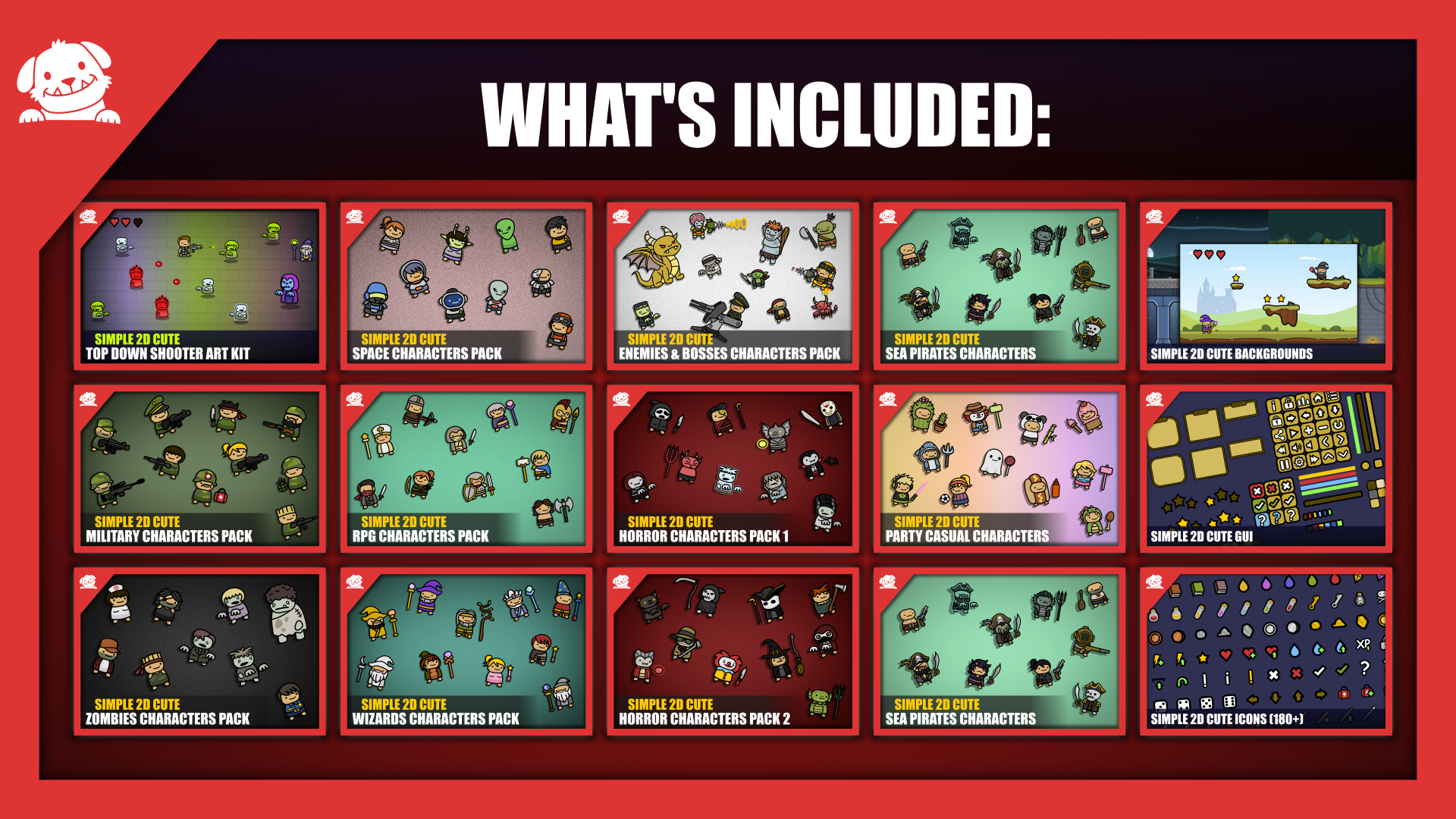 Simple 2D Cute Bundle contents showing 2D game art packs including characters, enemies, backgrounds, GUI, and icons.