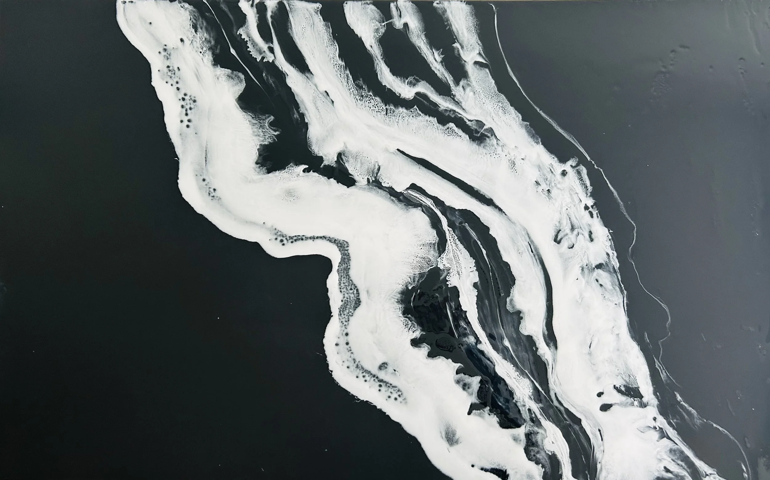 Un tableau abstrait en noir et blanc avec des motifs fluides et tourbillonnants.